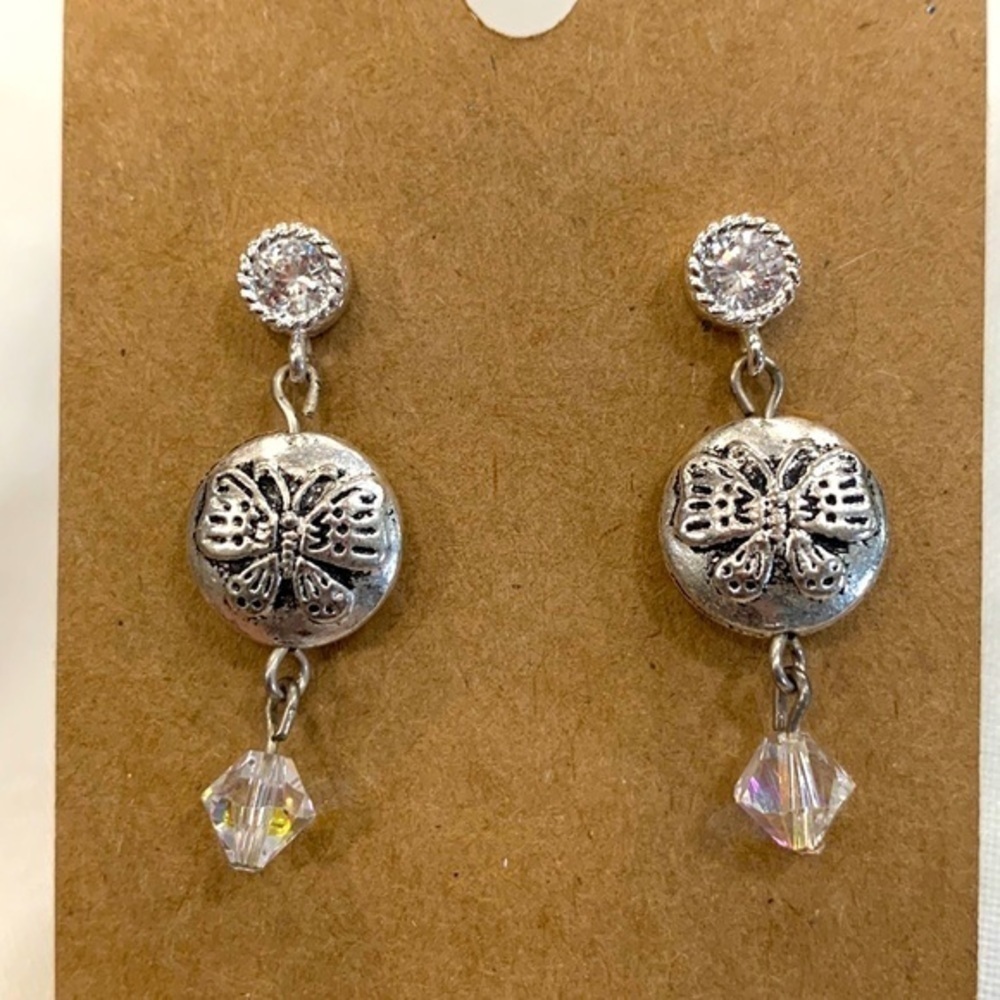💐5/25 silver tone butterfly dangle drop rhinestone clear crystal earrings